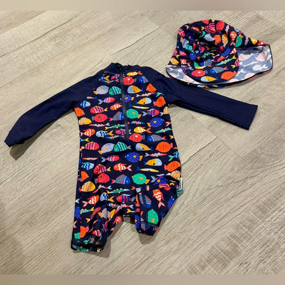 Kids Navy Fish-Print Long Sleeve Rashguard Swimsuit with Hat